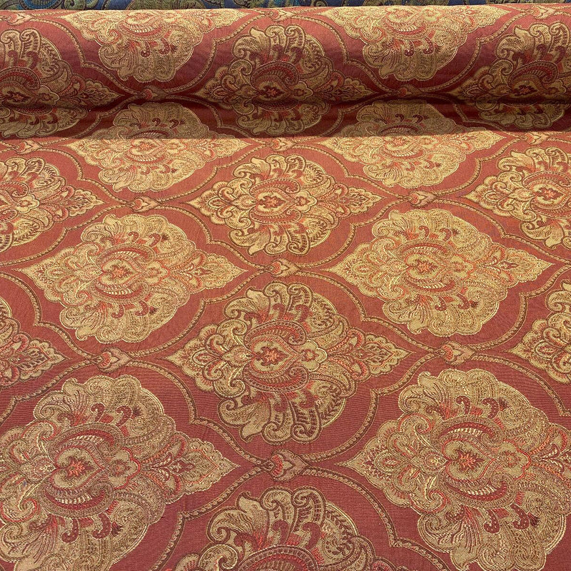 Artifact Red Garnet M8982 Barrow Jacquard Brocade Fabric - Red, Antique Gold, Taupe Jacquard Brocade, 25,000 Double Rubs (1 Yard)