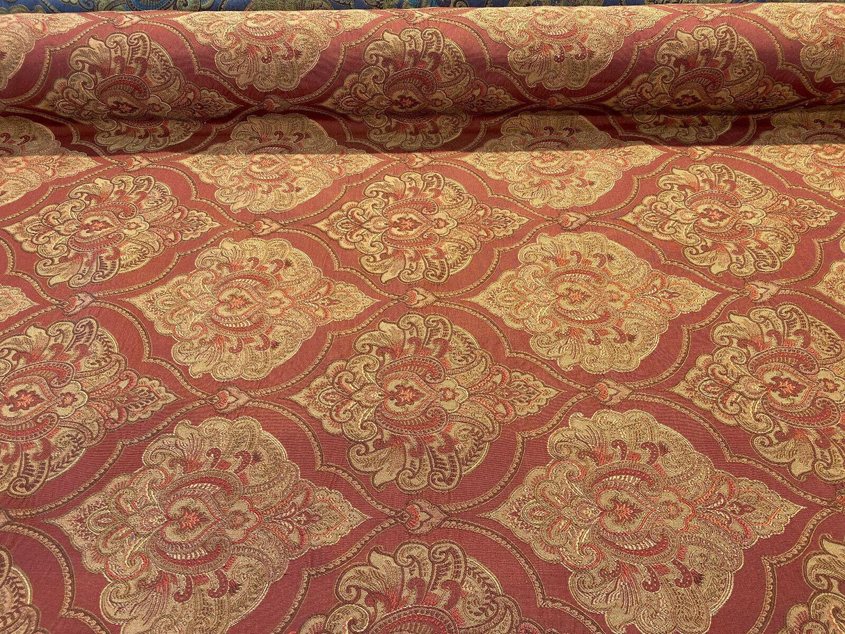 Artifact Red Garnet M8982 Barrow Jacquard Brocade Fabric - Red, Antique Gold, Taupe Jacquard Brocade, 25,000 Double Rubs (1 Yard)
