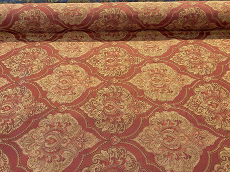 Artifact Red Garnet M8982 Barrow Jacquard Brocade Fabric - Red, Antique Gold, Taupe Jacquard Brocade, 25,000 Double Rubs (1 Yard)