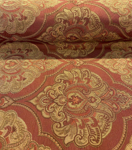 Artifact Red Garnet M8982 Barrow Jacquard Brocade Fabric - Red, Antique Gold, Taupe Jacquard Brocade, 25,000 Double Rubs (1 Yard)