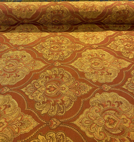 Artifact Red Garnet M8982 Barrow Jacquard Brocade Fabric - Red, Antique Gold, Taupe Jacquard Brocade, 25,000 Double Rubs (1 Yard)