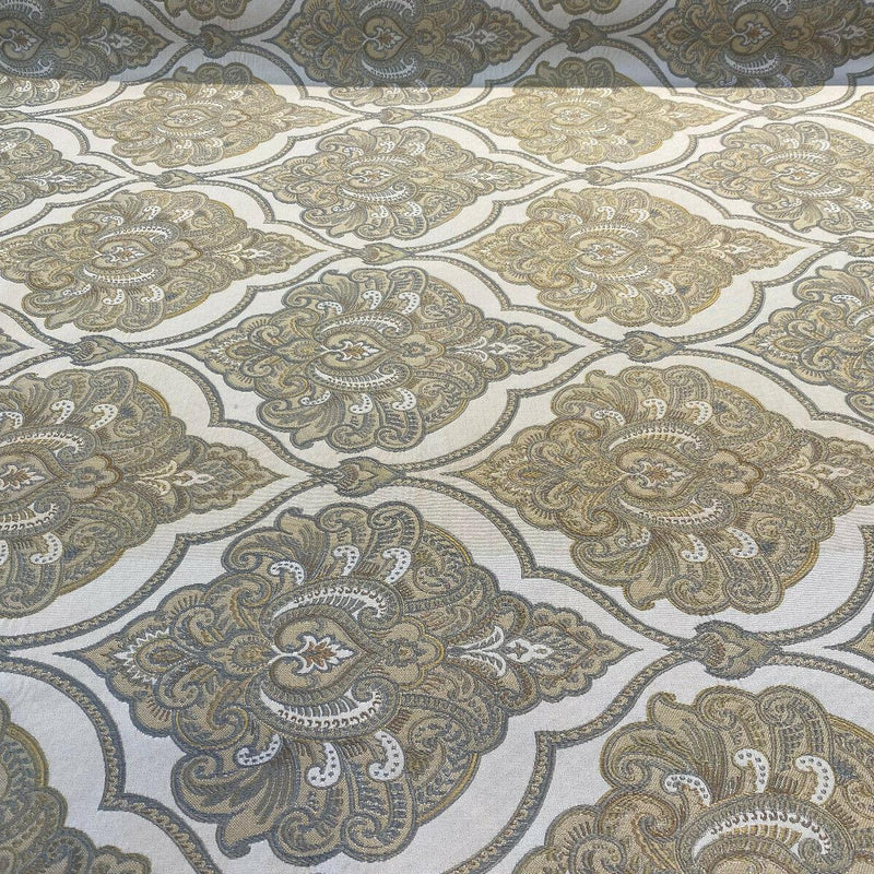 Artifact Pearl Beige M8982 Barrow Jacquard Brocade Fabric - Beige Antique Design, 13-1/2" Horizontal Repeat, 8-3/4" Vertical Repeat (1 Yard)