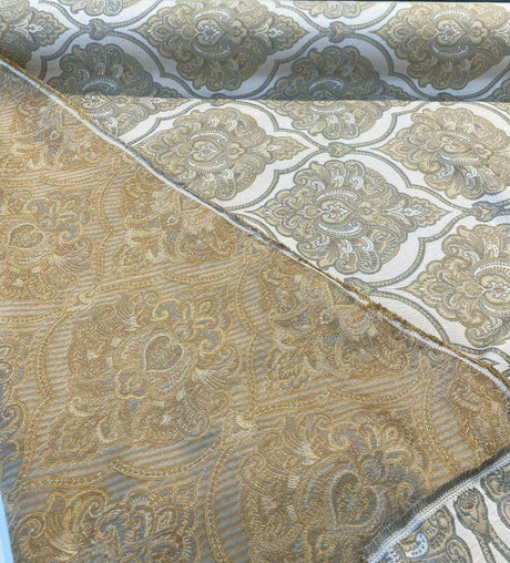 Artifact Pearl Beige M8982 Barrow Jacquard Brocade Fabric - Beige Antique Design, 13-1/2" Horizontal Repeat, 8-3/4" Vertical Repeat (1 Yard)