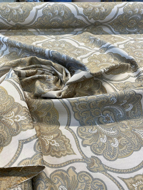 Artifact Pearl Beige M8982 Barrow Jacquard Brocade Fabric - Beige Antique Design, 13-1/2" Horizontal Repeat, 8-3/4" Vertical Repeat (1 Yard)