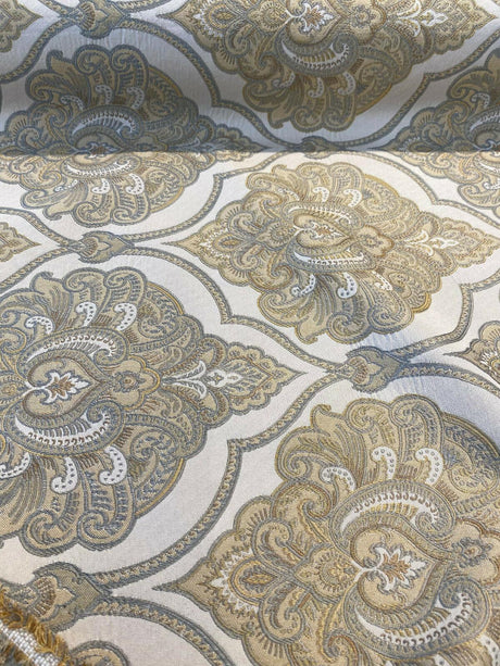 Artifact Pearl Beige M8982 Barrow Jacquard Brocade Fabric - Beige Antique Design, 13-1/2" Horizontal Repeat, 8-3/4" Vertical Repeat (1 Yard)