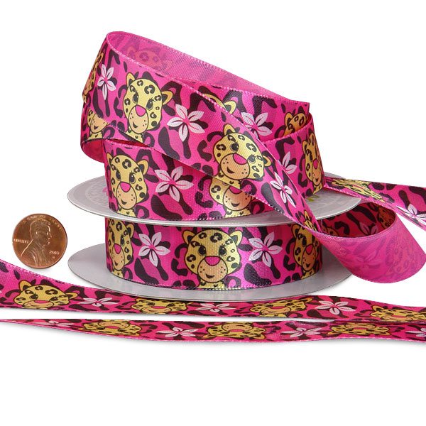 Kids Themed Satin Ribbon - Hot Pink Aloha Leopard 7/8 '' X 10 yd - Hot Pink Aloha Leopard Color 1 / ROLL