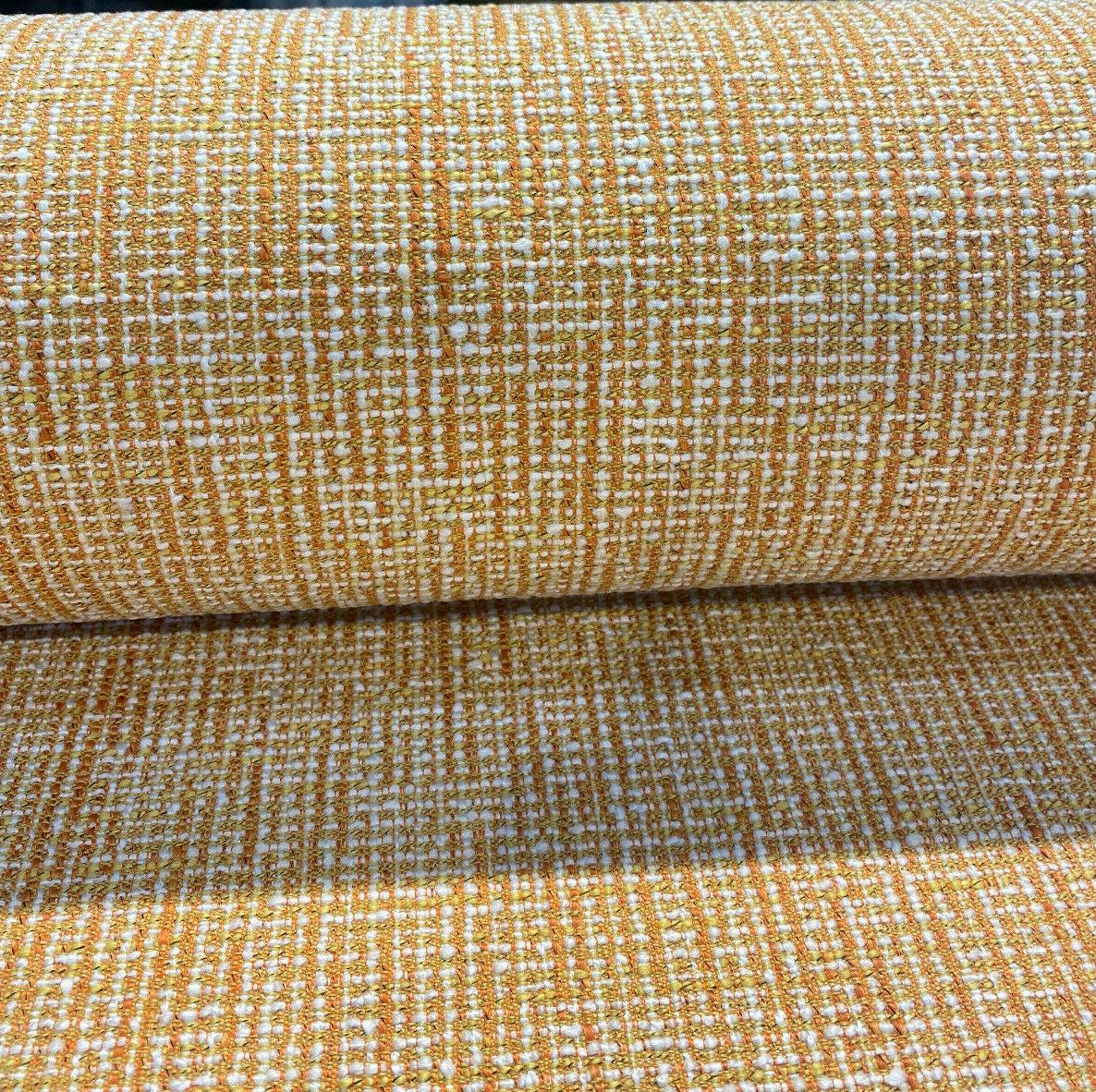 Rhapsody Chenille Upholstery Fabric - Tangerine Orange, Beige Off-White, Textured Tweed Feel, 55" Width (1 Yard)