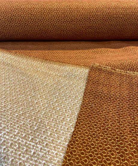 Whalehead Lacquer Rustic Barrow Chenille Upholstery Fabric - Rustic Orange With Gold Design, 56" Width (By The Yard)
