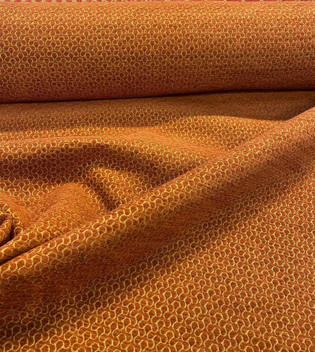 Whalehead Lacquer Rustic Barrow Chenille Upholstery Fabric - Rustic Orange With Gold Design, 56" Width (By The Yard)