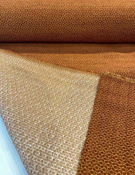 Whalehead Lacquer Rustic Barrow Chenille Upholstery Fabric - Rustic Orange With Gold Design, 56" Width (By The Yard)