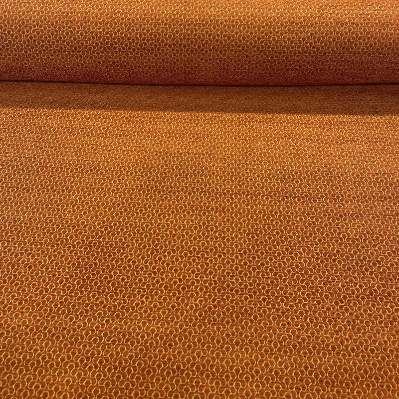 Whalehead Lacquer Rustic Barrow Chenille Upholstery Fabric - Rustic Orange With Gold Design, 56" Width (By The Yard)