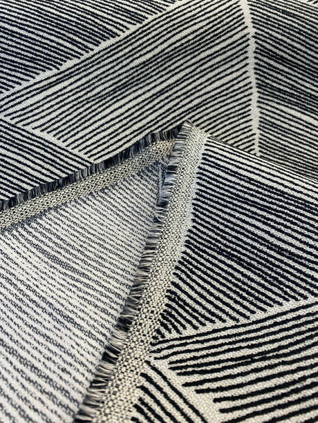 Talocan Geometric Latex Backed Polyester Fabric - Onyx Black And Off White Geometric, 57" Width (By The Yard)