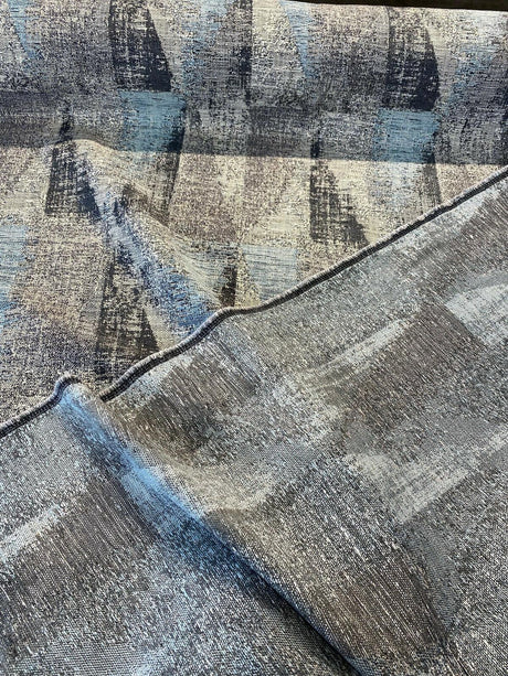 Old Town Blue Haze Chenille Upholstery Fabric - Light Blue, Teal, Gray, Silver, And Black Geometric, 55" Width (1 Yard)