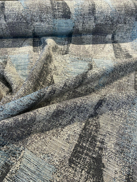 Old Town Blue Haze Chenille Upholstery Fabric - Light Blue, Teal, Gray, Silver, And Black Geometric, 55" Width (1 Yard)