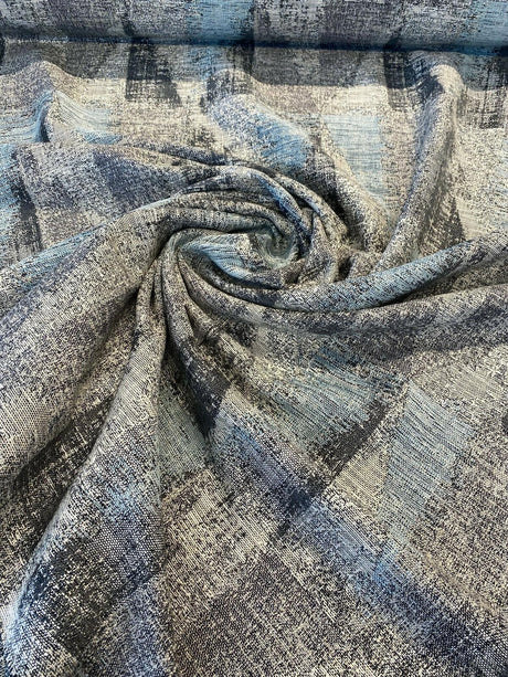 Old Town Blue Haze Chenille Upholstery Fabric - Light Blue, Teal, Gray, Silver, And Black Geometric, 55" Width (1 Yard)