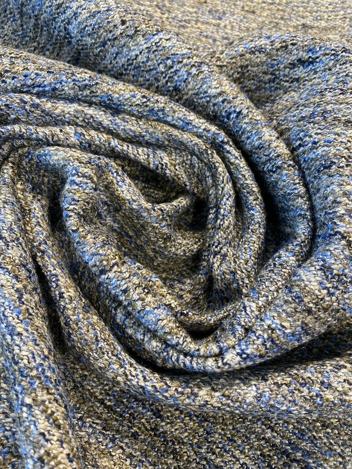 Chubby Cheeks Blue Capri Soft Tweed Chenille Polyester Fabric - Blue, Off-White, Brown Hints Of Black, 56" Width (1 Yard)