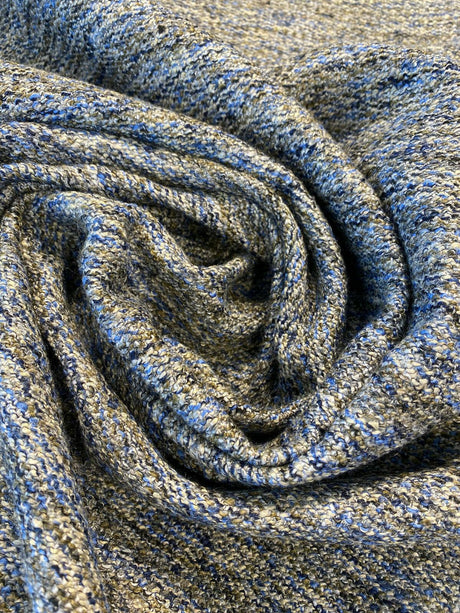 Chubby Cheeks Blue Capri Soft Tweed Chenille Polyester Fabric - Blue, Off-White, Brown Hints Of Black, 56" Width (1 Yard)