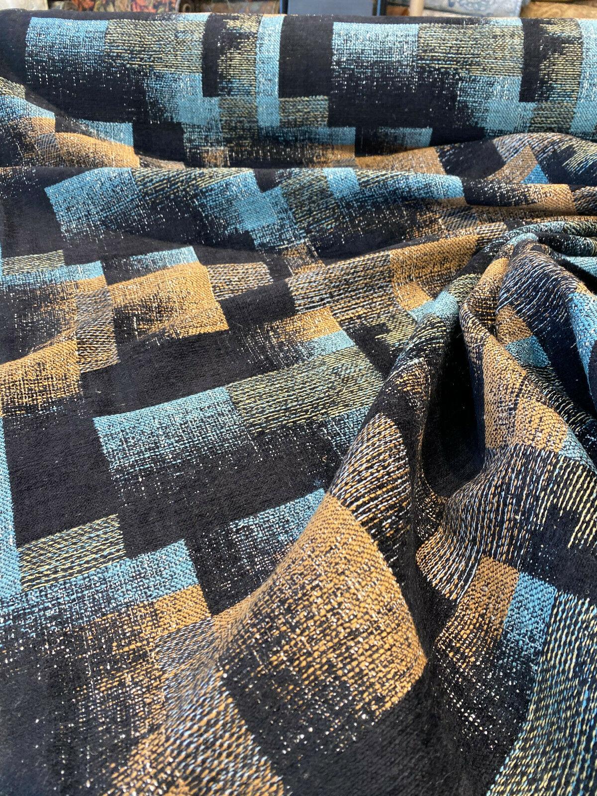 Cusino Nightfall Chenille Upholstery Fabric - Black With Hints Of Blue And Orange, 56" Width, Geometric Pattern (1 Yard)