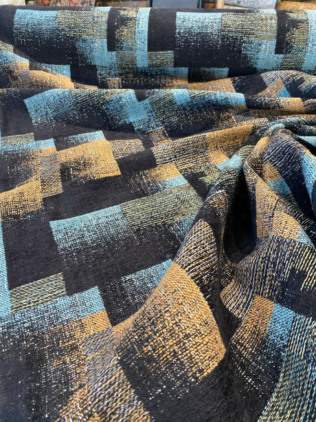 Cusino Nightfall Chenille Upholstery Fabric - Black With Hints Of Blue And Orange, 56" Width, Geometric Pattern (1 Yard)