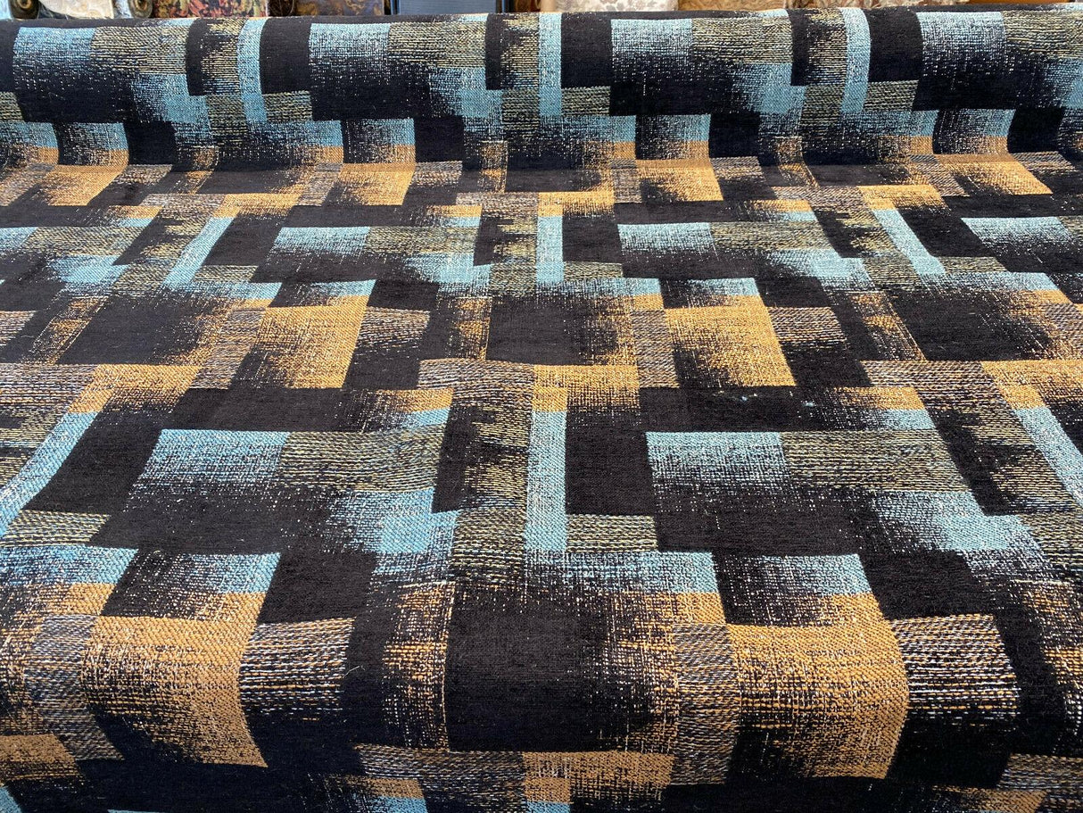 Cusino Nightfall Chenille Upholstery Fabric - Black With Hints Of Blue And Orange, 56" Width, Geometric Pattern (1 Yard)