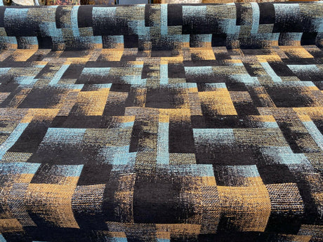 Cusino Nightfall Chenille Upholstery Fabric - Black With Hints Of Blue And Orange, 56" Width, Geometric Pattern (1 Yard)