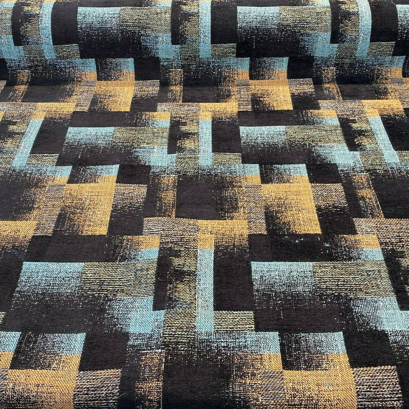 Cusino Nightfall Chenille Upholstery Fabric - Black With Hints Of Blue And Orange, 56" Width, Geometric Pattern (1 Yard)