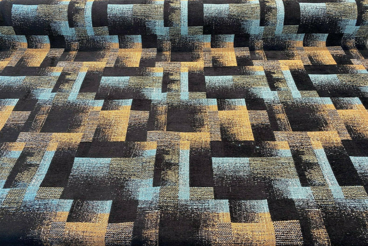 Cusino Nightfall Chenille Upholstery Fabric - Black With Hints Of Blue And Orange, 56" Width, Geometric Pattern (1 Yard)
