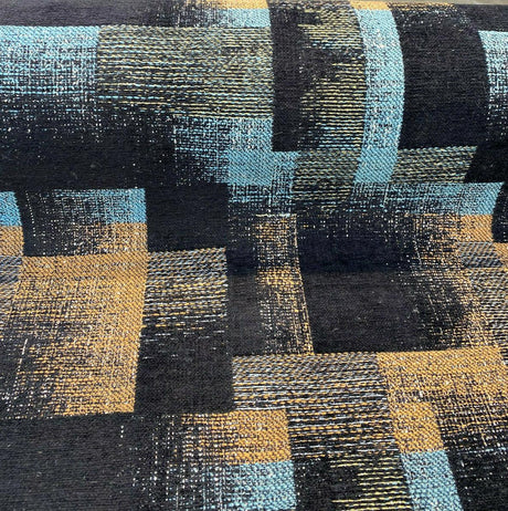 Cusino Nightfall Chenille Upholstery Fabric - Black With Hints Of Blue And Orange, 56" Width, Geometric Pattern (1 Yard)