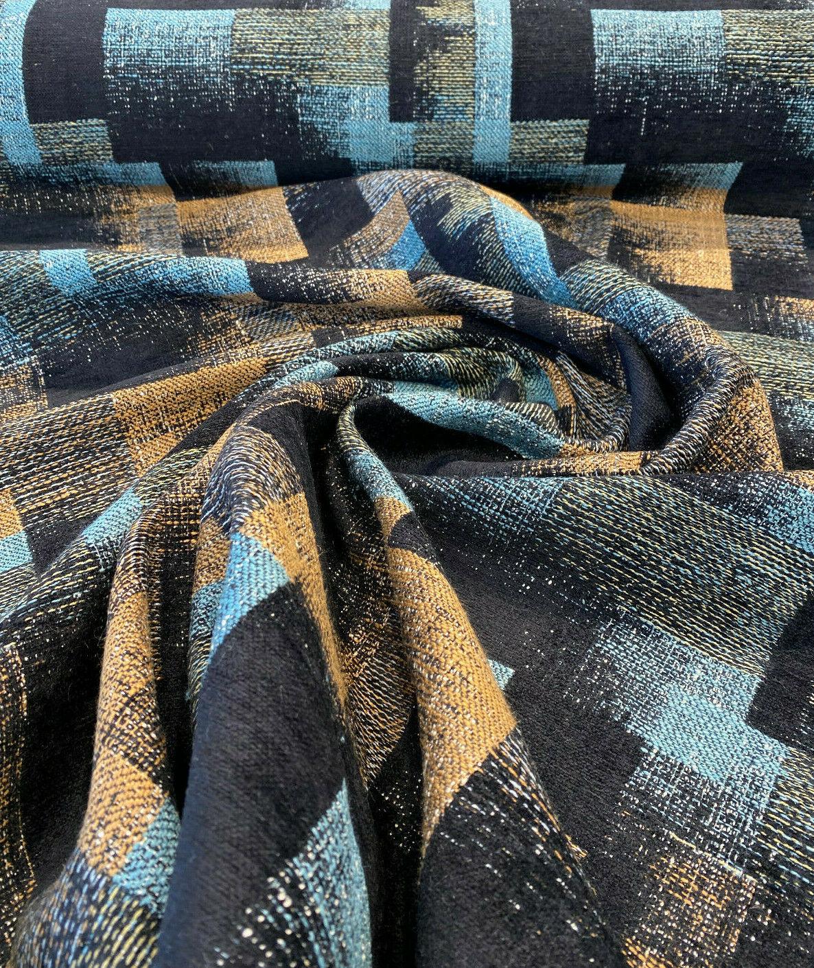 Cusino Nightfall Chenille Upholstery Fabric - Black With Hints Of Blue And Orange, 56" Width, Geometric Pattern (1 Yard)