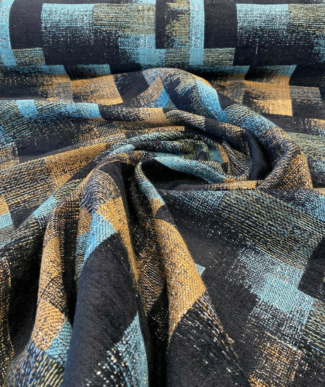 Cusino Nightfall Chenille Upholstery Fabric - Black With Hints Of Blue And Orange, 56" Width, Geometric Pattern (1 Yard)