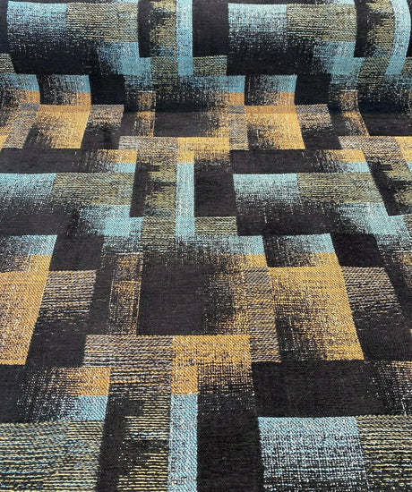 Cusino Nightfall Chenille Upholstery Fabric - Black With Hints Of Blue And Orange, 56" Width, Geometric Pattern (1 Yard)
