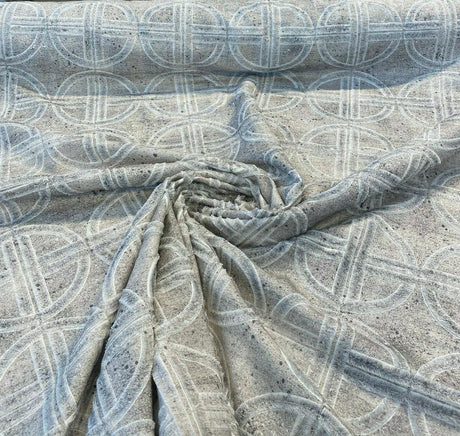 Thrill Seeker Embroidered Drapery Fabric - Stone Gray, Gray Charcoal White Off White, 54" Width (1 Yard)