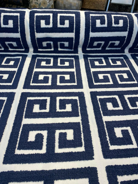 Sure Shot Embroidered Drapery Upholstery Fabric - Ink Blue, White Base, 54" Width (1 Yard)