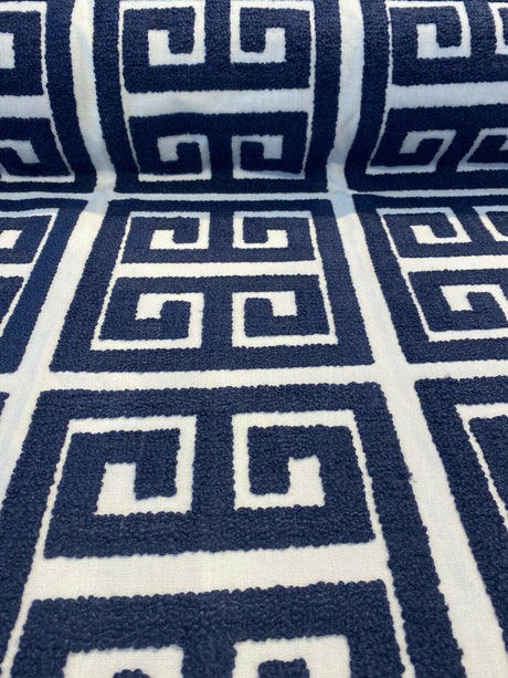Sure Shot Embroidered Drapery Upholstery Fabric - Ink Blue, White Base, 54" Width (1 Yard)