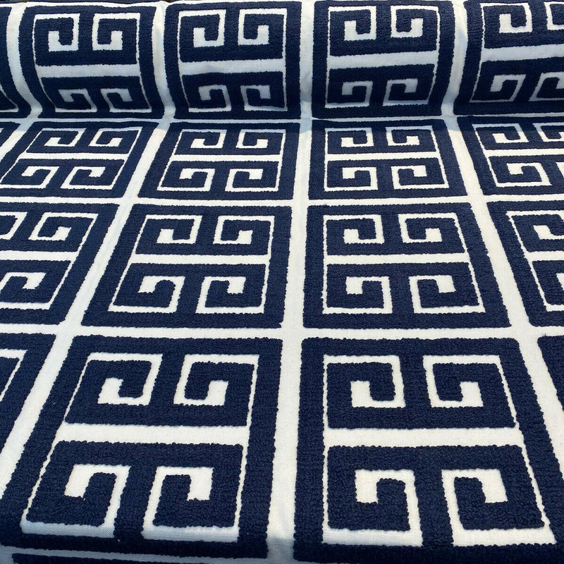 Sure Shot Embroidered Drapery Upholstery Fabric - Ink Blue, White Base, 54" Width (1 Yard)