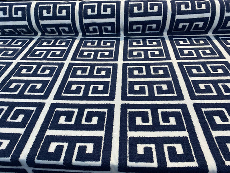 Sure Shot Embroidered Drapery Upholstery Fabric - Ink Blue, White Base, 54" Width (1 Yard)