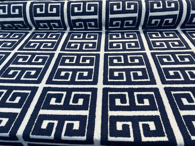 Sure Shot Embroidered Drapery Upholstery Fabric - Ink Blue, White Base, 54" Width (1 Yard)