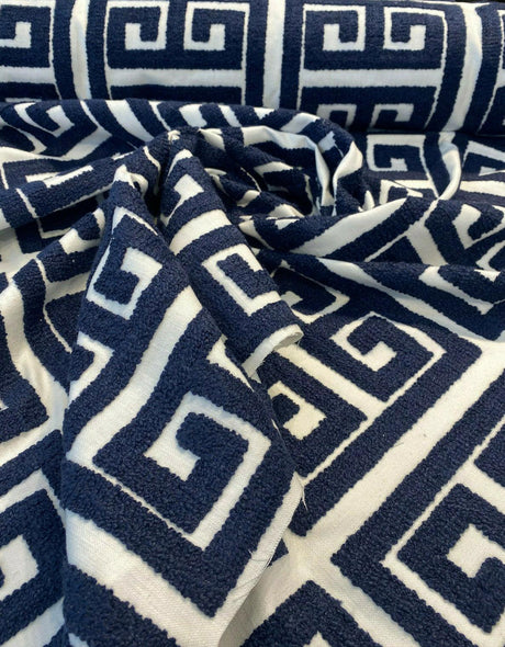 Sure Shot Embroidered Drapery Upholstery Fabric - Ink Blue, White Base, 54" Width (1 Yard)