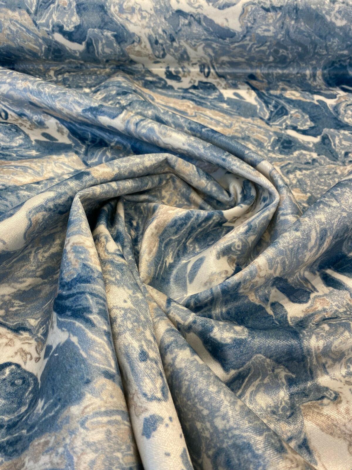 Marble Gate Blue Velvet Upholstery Fabric - Blue Marble Pattern, 54" Width (By The Yard)