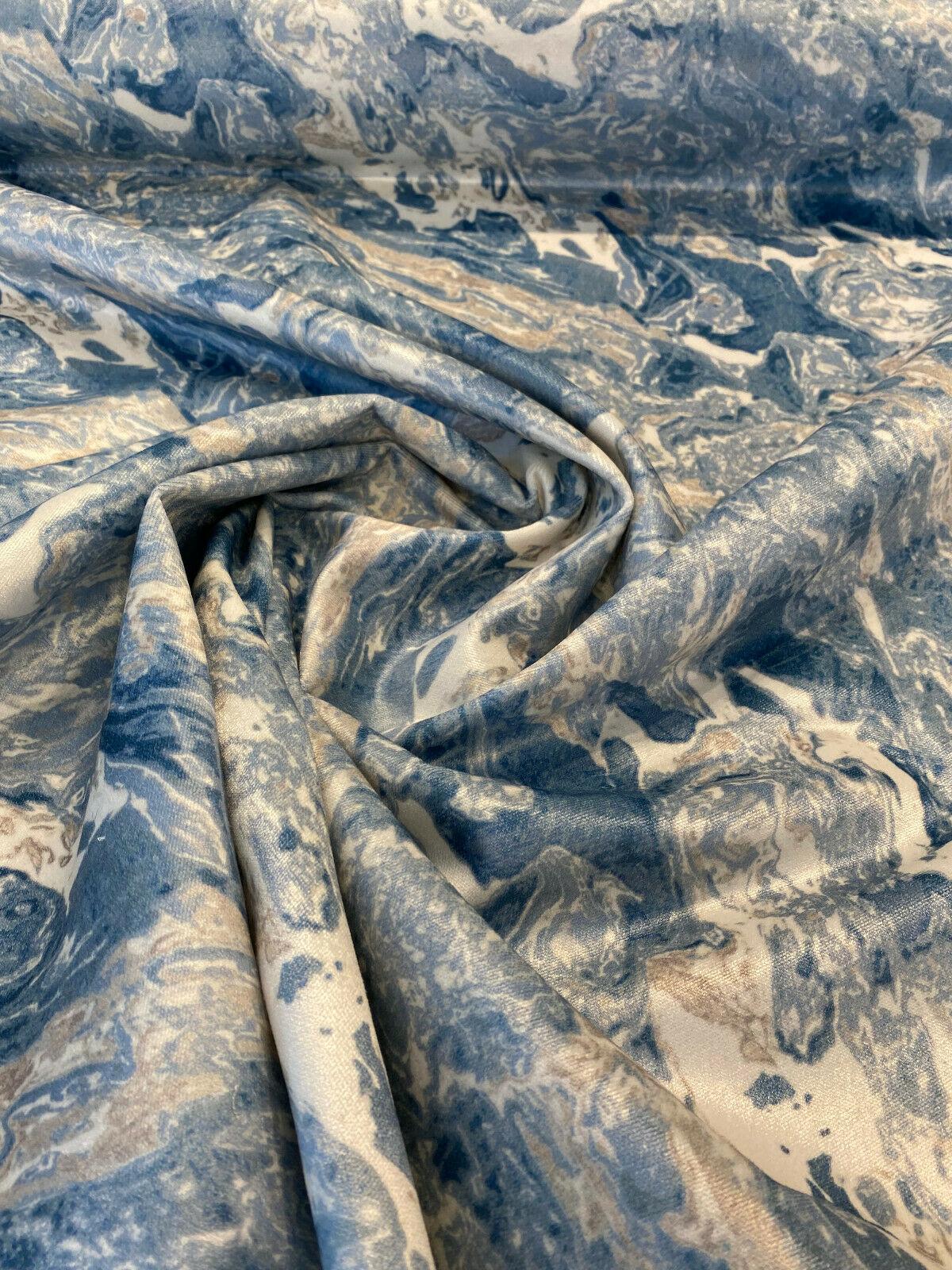 Marble Gate Blue Velvet Upholstery Fabric - Blue Marble Pattern, 54" Width (By The Yard)