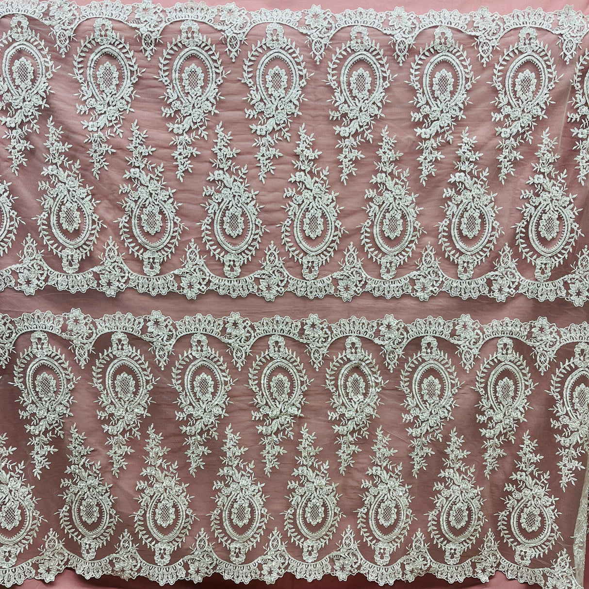 Beaded Corded Lace Mesh White