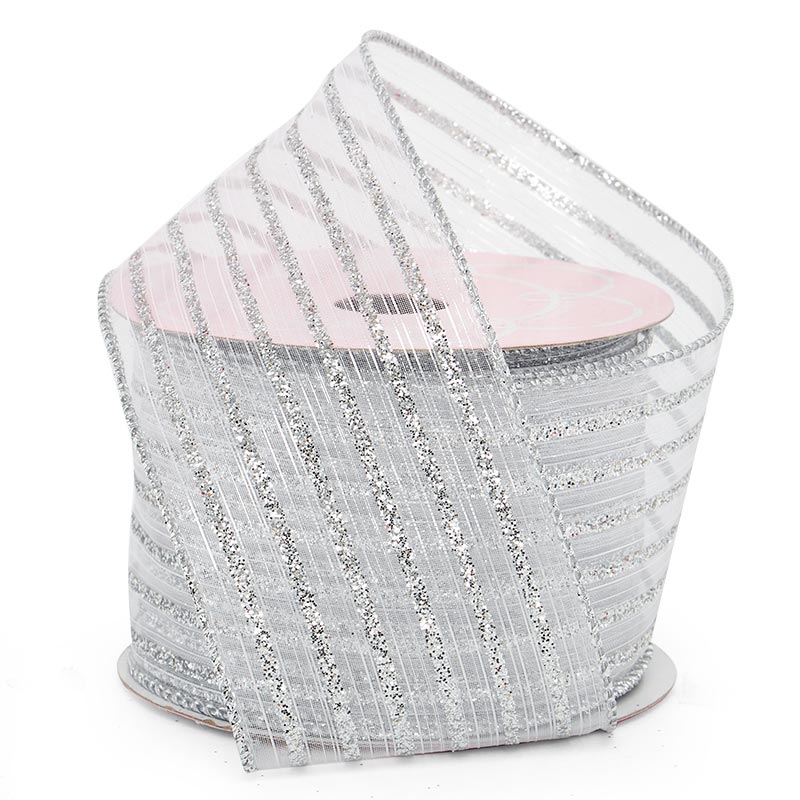 Glitter Stripes On Sheer Wired Ribbon 2 1/2 '' X 10 yd Silver Color 1 / ROLL