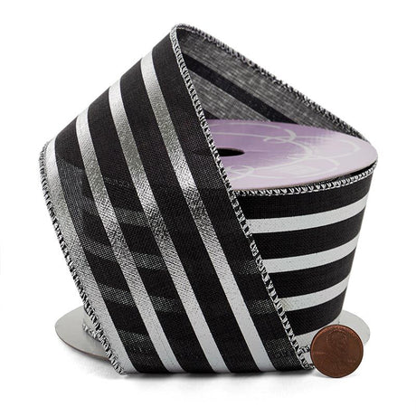 Silver & Black Striped Metallic Wired Ribbon 2 1/2 '' X 10 yd - 1 / ROLL
