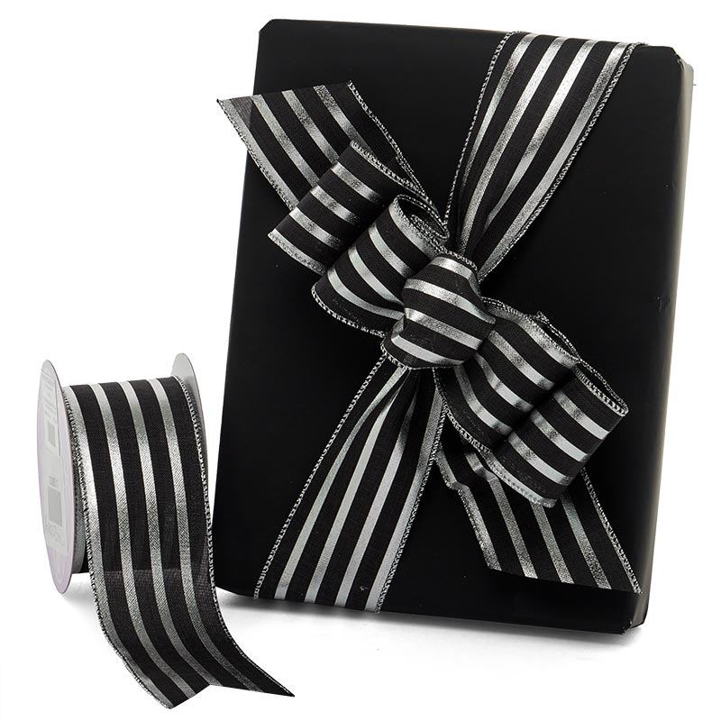 Silver & Black Striped Metallic Wired Ribbon 2 1/2 '' X 10 yd - 1 / ROLL