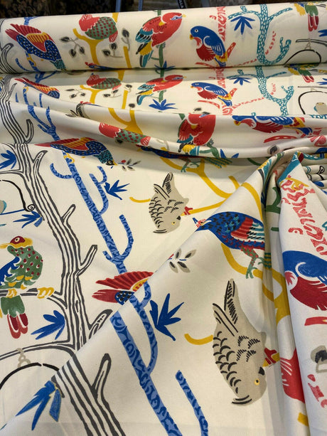 Waverly Bird House Parrots Chatter Prism 100 Percent Cotton Fabric - Beige With Blue, Red, Green Parrots And Birds, 54" Width (By The Yard)