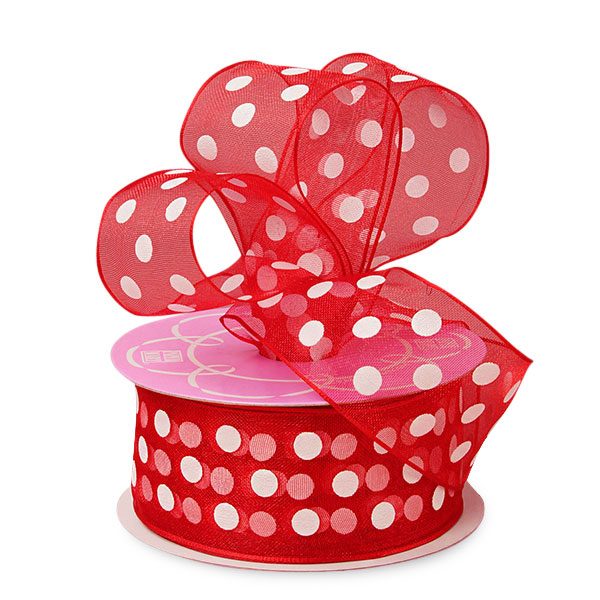 Sheer Polka Dot Wired Ribbon 1 1/2 '' X 25 yd Red / White Dot Color 1 / roll