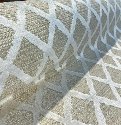 Raised Velvet Chenille Diamond Regis Buff Upholstery Fabric - Beige Background With Raised Ivory Velvet Diamonds, 56" Width (1 Yard)