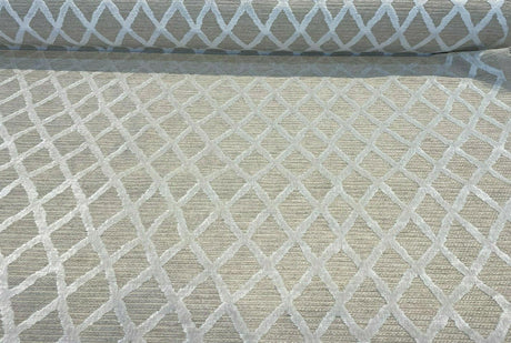 Raised Velvet Chenille Diamond Regis Buff Upholstery Fabric - Beige Background With Raised Ivory Velvet Diamonds, 56" Width (1 Yard)