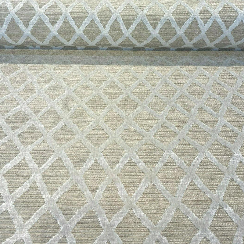 Raised Velvet Chenille Diamond Regis Buff Upholstery Fabric - Beige Background With Raised Ivory Velvet Diamonds, 56" Width (1 Yard)
