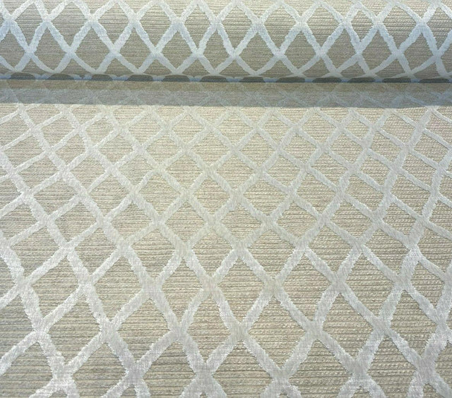 Raised Velvet Chenille Diamond Regis Buff Upholstery Fabric - Beige Background With Raised Ivory Velvet Diamonds, 56" Width (1 Yard)